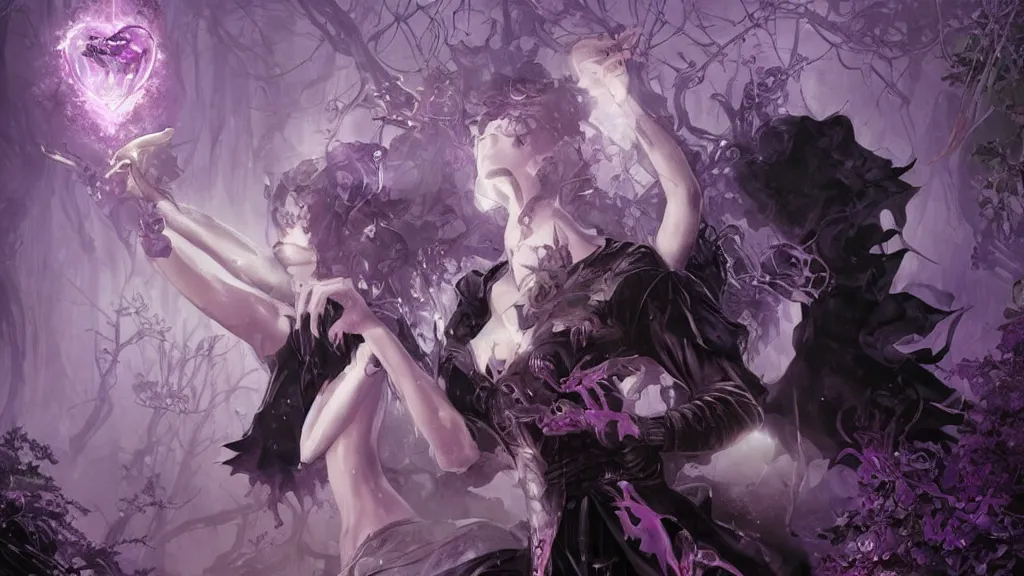 Prompt: in the style of magic the gathering, james jean, ross tran, craig mullins. yennefer vengerberg, evil queen holding up a crystal apple with both hands, wearing a black dress with big collar, a violet magical jungle in the background. psycheledic magical atmosphere