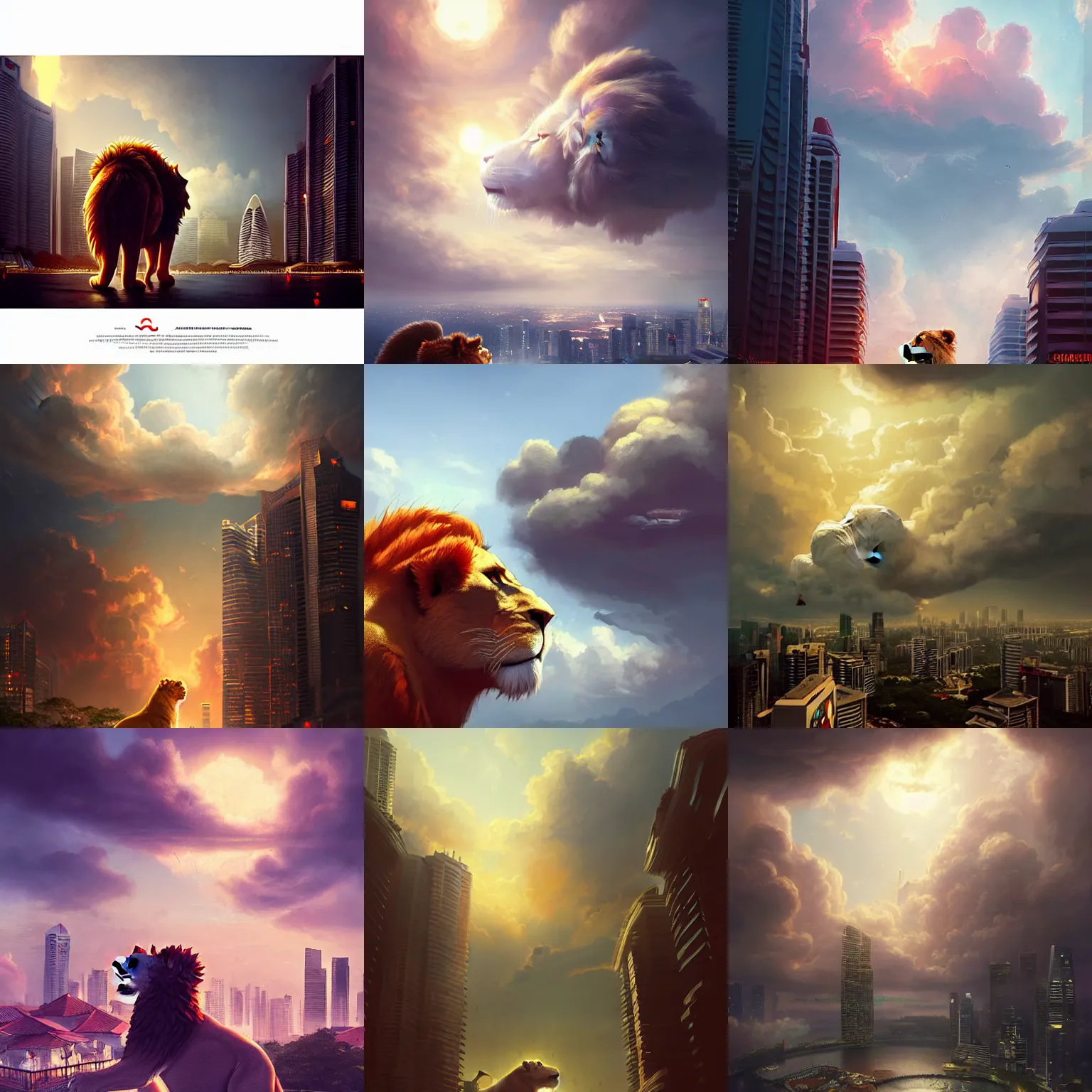 Prompt: Singapore city with a lion-shaped cloud in the sky, by greg rutkowski, red and white lighting, digital art, ultra realistic, ultra detailed, photorealistic, 4k, character concept