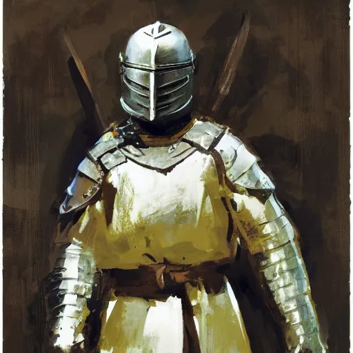 Image similar to portrait of man wearing gambeson and sallet helmet, holding sword, attacking, dramatic, detailed by greg manchess, craig mullins, bernie fuchs, walter everett