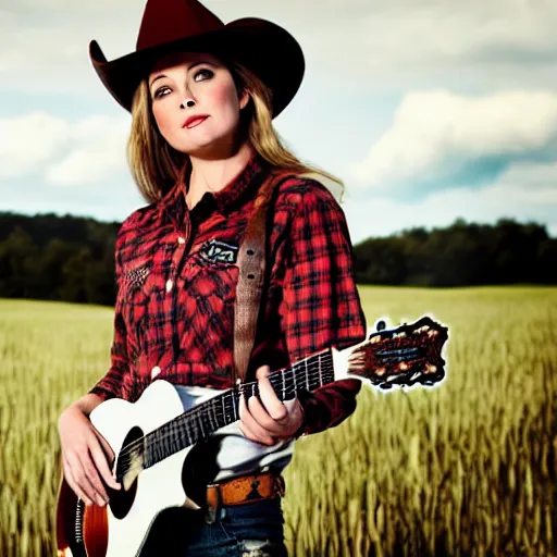 Image similar to a female fox animal, wearing cowboy hat, wearing plaid shirt, playing guitar, in a field, barn in background, album cover style