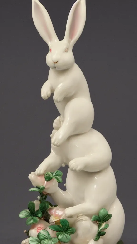 Image similar to porcelain rabbit statue with having a japanese kiseru in hand painted by john singer sargent