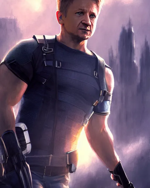 Prompt: jeremy renner as clint barton, hawkeye, perfect face, cinematic, highly detailed, cityscape, digital painting, artstation, smooth, hard focus, illustration, art by jessica rossier and and brian froud