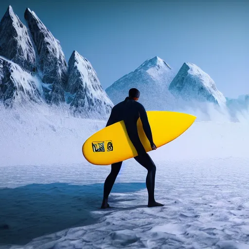 Image similar to man surfing a yellow surfboard down a snowy mountain, high quality digital art, unreal engine, cinematic lighting, photorealism