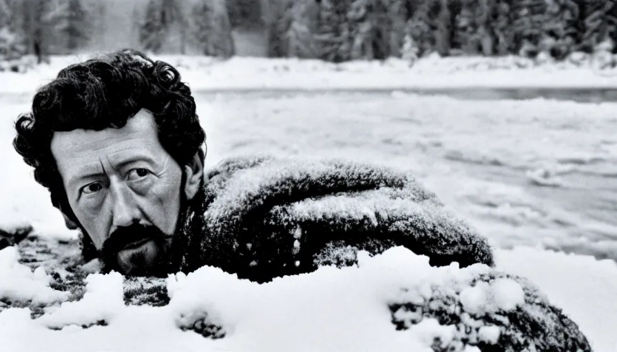 Image similar to 1 9 6 0 s movie still close up of marcus aurelius ill frozen lay on the snow by the side of a river with gravel, pine forests, cinestill 8 0 0 t 3 5 mm b & w, high quality, heavy grain, high detail, texture, dramatic light, anamorphic, hyperrealistic, detailed hair, foggy