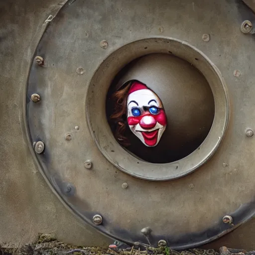 Image similar to clown peeking head out of artillery barrel