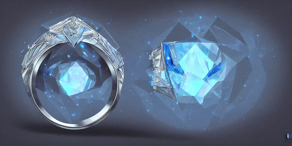 Image similar to stunning magic ring with a diamond, ice, blue, engraving, d & d, item, graphic, close - up, design, shimmer, artbook, page, detailed, trending on artstation, cgsociety, ralph mcquarrie and greg rutkowski