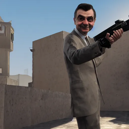 Prompt: mr bean holding an awp in dust 2, counter strike global offensive, videogame, 8 k, award winning