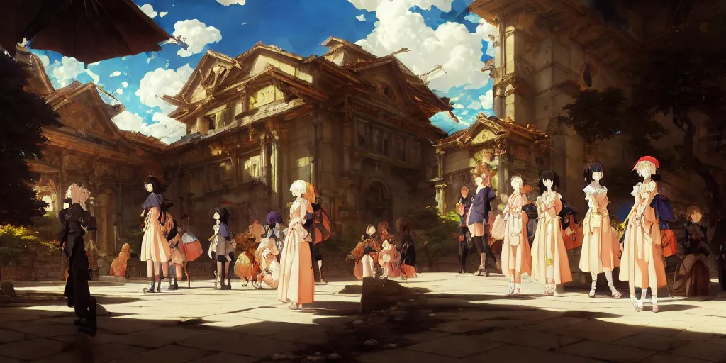 Image similar to baroque oil painting of key visual environment concept art, anime maids during the fall of the roman empire, brutalist fantasy, rule of thirds golden ratio, fake detail, trending pixiv fanbox, acrylic palette knife, style of makoto shinkai ghibli takashi takeuchi yoshiyuki sadamoto jamie wyeth james gilleard greg rutkowski chiho aoshima