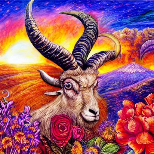 Image similar to painting by josephine wall, horned ram goddess checking her cell phone, erupting volcano and sunset in distance, flowers in foreground, zodiac, fantasy, acrylic on canvas, intricately detailed, highly detailed, high resolution, hdr, 8 k, trending on artstation