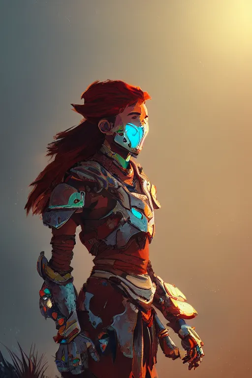 Image similar to combination suit armor aloy horizon forbidden west horizon zero dawn radiating a glowing aura global illumination ray tracing hdr fanart arstation by ian pesty and alena aenami artworks in 4 k tribal robot ninja mask helmet backpack