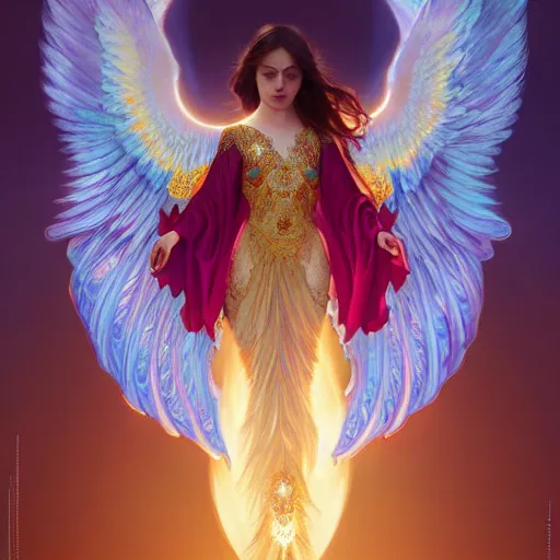 Image similar to a beautiful orchid phoenix angel woman, in an ornamented dress with large wings, volumetric light, god rays, 8 k high resolution, rubies, by greg rutkowski, artgerm, alphonse mucha