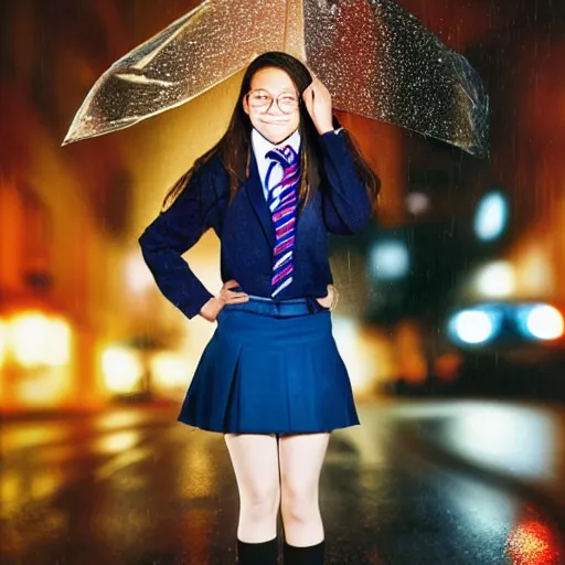 Image similar to night flash portrait photography of a high school girl in catholic school uniform on the lower east side by annie leibovitz, colorful, nighttime!, raining!