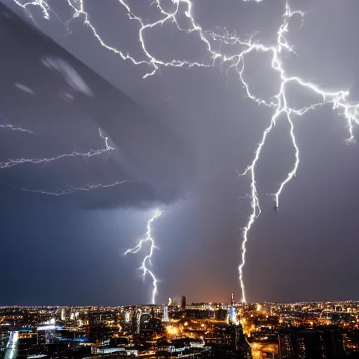 Image similar to a gigantic diety, towering over a city, during a thunderstorm,