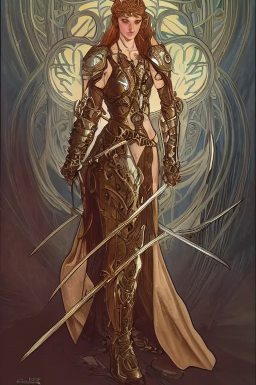 Image similar to high fantasy female knight design with light armor and spear, elegant, semi realistic,intricate, high detailed, concept art, digital illustration, by alphonse mucha, artgerm, loish