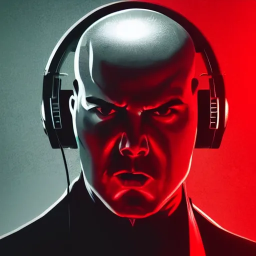 Image similar to agent 4 7 from hitman wearing headphones and listening to music in front of large stereo speakers surrounded by cables, black background, red rim light, highly detailed, smooth, sharp focus, art by ali kiani amin