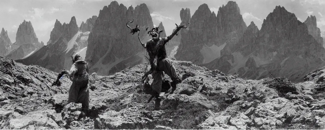 Image similar to historical photograph of an old alpine farmer from behind turning into a grotesque monster with goathorns and roots growing from his face, standing in the dolomites, full body, whole body, edelweiss growing from head