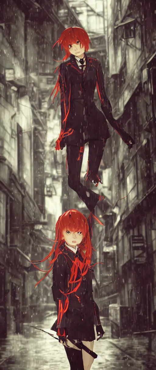 Image similar to asuka langley soryu in a dishonored town, dunwall city, advanced digital art, dishonored aesthetic, cinematic lighting, rainy weather, melancholy atmosphere, artstation, dunwall city, gothic architecture, volumetric light, octane render, dishonored game, dishonored 1, atmosphere or depression and despair, bokeh blur, anime character portrait, cute anime face