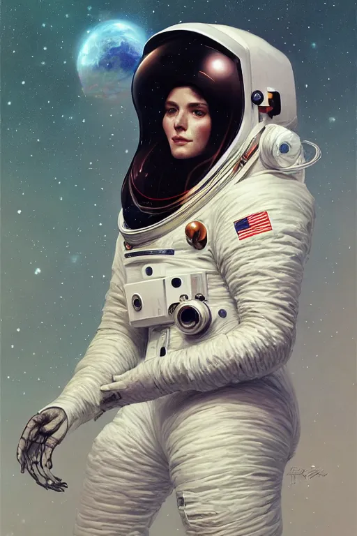 Image similar to A full portrait of a 2001 Space Odyssey Astronaut, intricate, elegant, highly detailed, digital painting, artstation, concept art, smooth, sharp focus, illustration, art by Krenz Cushart and Artem Demura and alphonse mucha