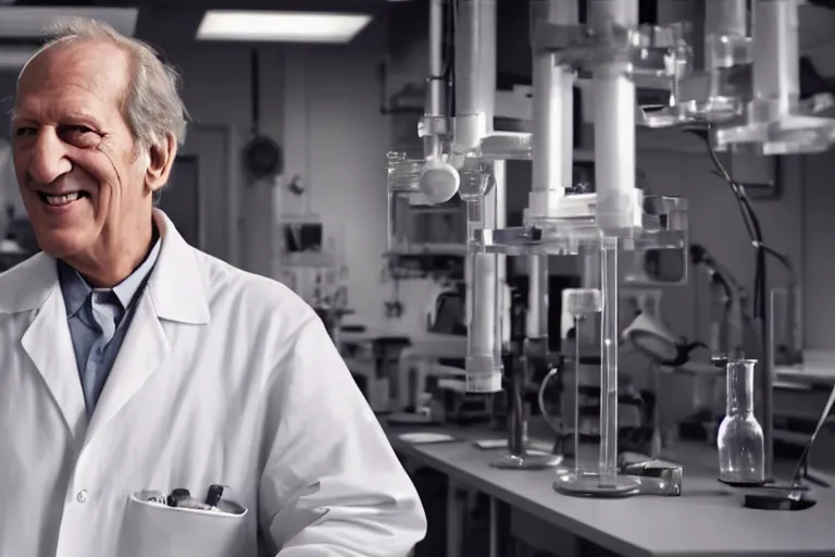 Prompt: an ultra realistic cinematic 3 / 4 view portrait of an evil male scientist smiling, stood in a lab, detailed, deep focus, movie still, dramatic lighting, by werner herzog