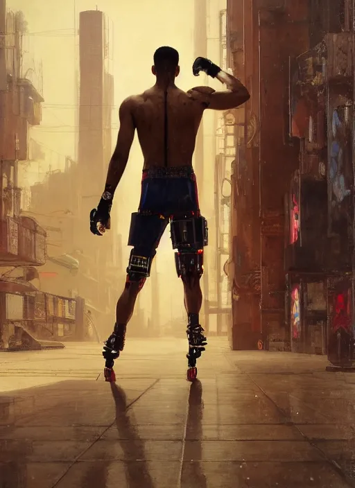 Image similar to buff cyberpunk olympic kickboxer with robotic legs wearing a jumpsuit ( blade runner 2 0 4 9, cyberpunk 2 0 7 7 ). orientalist portrait by john william waterhouse and james gurney and theodore ralli and nasreddine dinet, oil on canvas. cinematic, hyper realism, realistic proportions, dramatic lighting, high detail 4 k