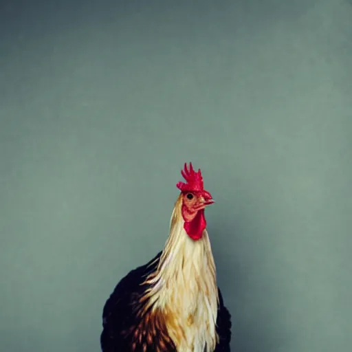 Prompt: a high quality photo of a chicken wearing a suit, Romanticism, 8k