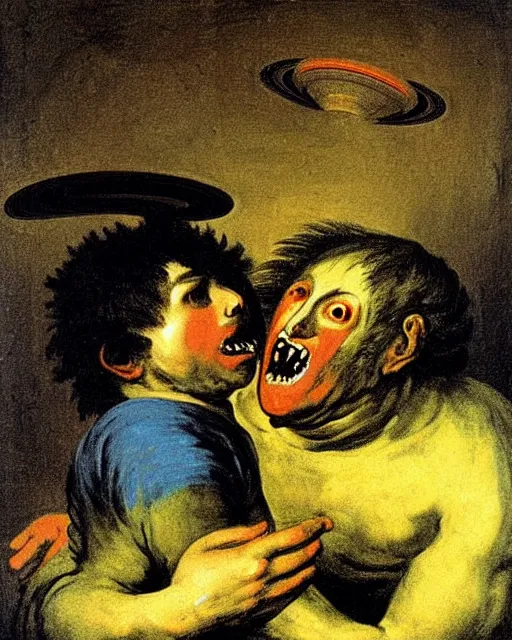 Image similar to saturn being devoured by his son, painted by goya