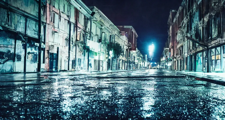 Image similar to a photo of an abandoned city street, wet streets, nighttime, technicolor film stock