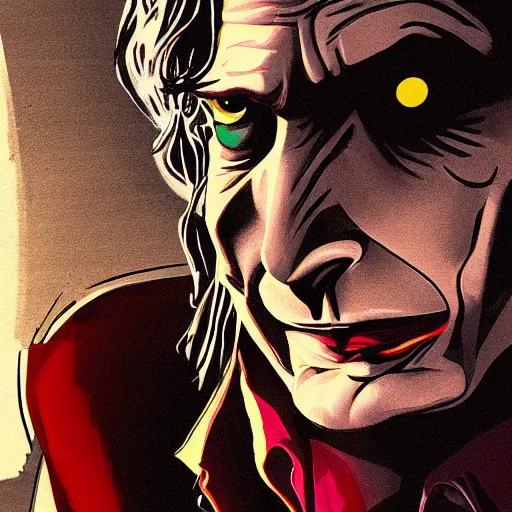 Image similar to David Tennant as the joker, single shot, long shot, eye level shot, Backlight, 16:9, concept art, deep focus, award winning, illustration by  John Romita Jr.