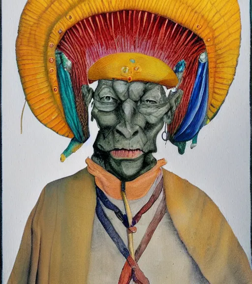 Image similar to Portrait painting in a style of Hieronim Bosch of an old shaman dressed in a colorful traditional clothes.