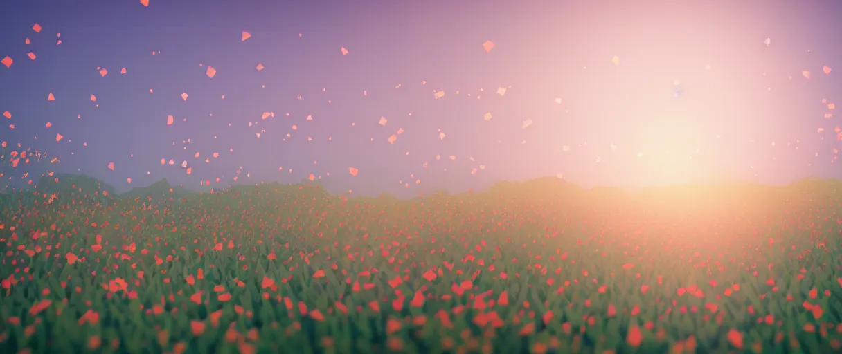 Image similar to 3 d render, low poly art, minimalist, flowers, teal sky, lowpoly, field of dreams, particles floating, unreal engine, dreamy, bokeh, bounce light, radiant lighting