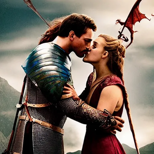 Prompt: a knight kissing a dragon. Amazing movie still.