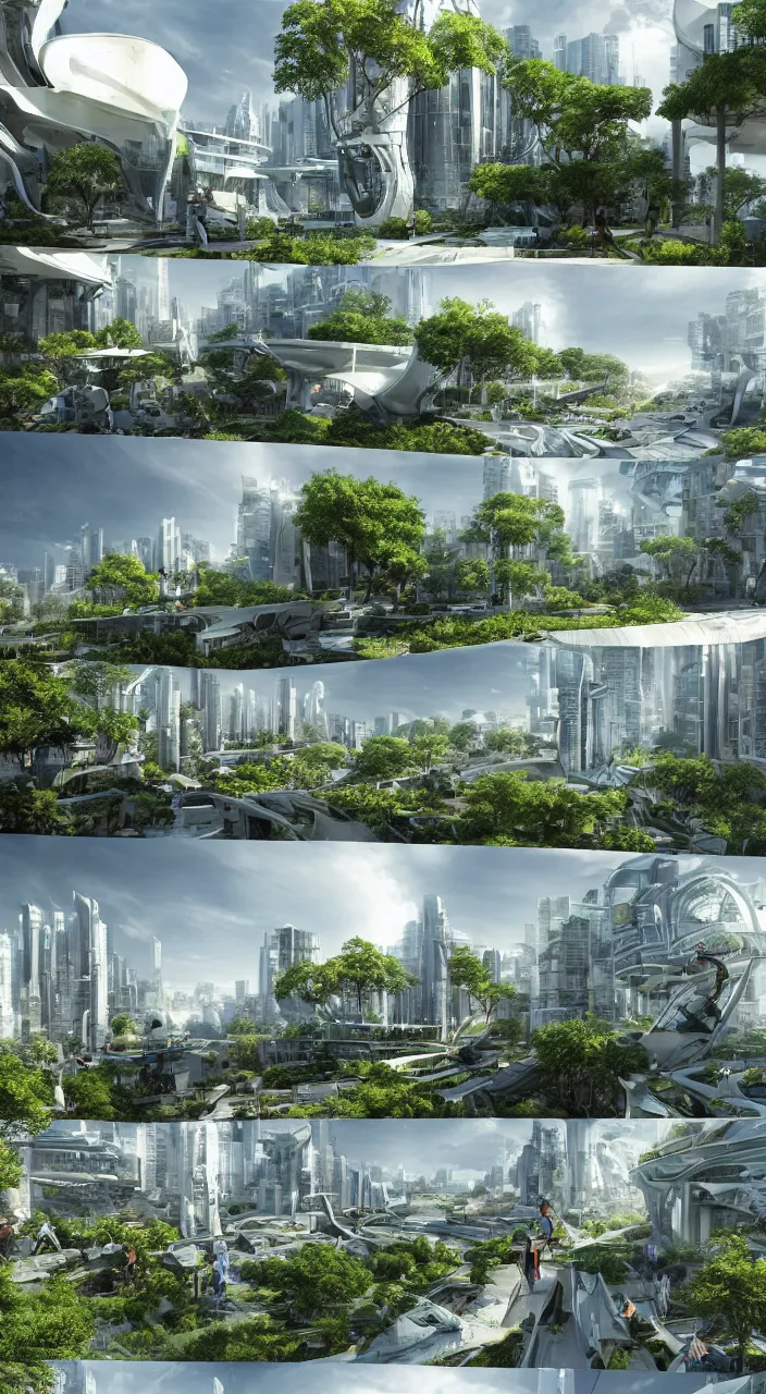 Image similar to 3 - panel comic page layout. two people talking about sustainable futuristic building in a urban setting. ultrarealistic matte painting on white page. the building has many deep and tall balconies covered in plants and trees. thin random columns, large windows, deep overhangs. greeble articulated details with plants. 8 k, uhd.