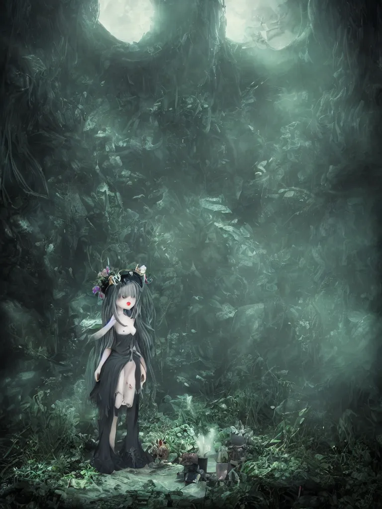 Image similar to cute fumo plush of a frail cursed witch girl wandering the depths of the forbidden jungle, gothic wraith maiden, wispy smoke and volumetric fog on pond, beyond the mirror, filmic, symmetric beauty, moonlight midnight glow, vignette, vray