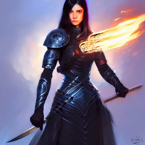 Image similar to portrait, woman dressed in plate armor with black hair and blue eyes wielding a greatsword, elegant, digital illustration, fire magic, detailed, intricate, sharp focus, digital painting, deep focus, digital painting, artstation, concept art, matte, art by artgerm and greg rutkowski and alphonse mucha