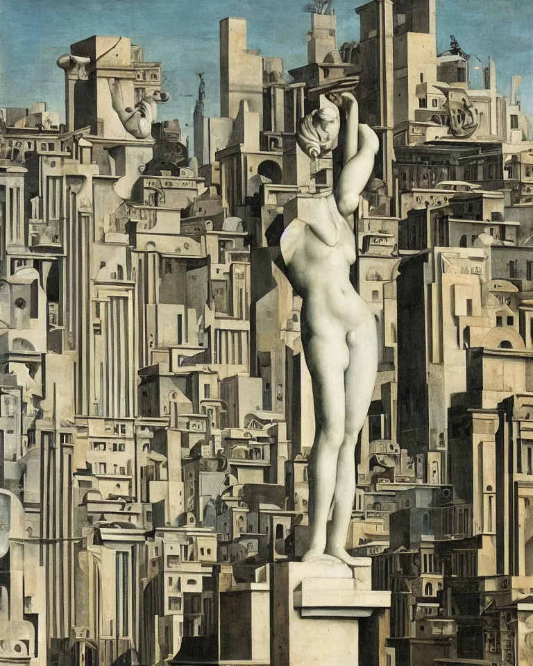 Prompt: an achingly beautiful roman marble sculpture standing alone amid a bustling futuristic metropolis by Giorgio De Chirico.