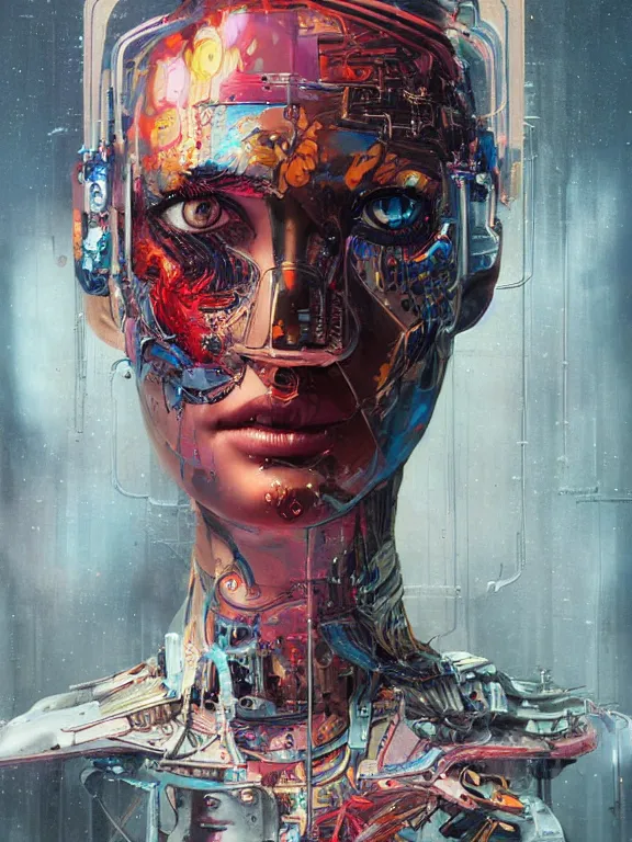 Image similar to art portrait of cybernetic organism,8k,by tristan eaton,Stanley Artgermm,Tom Bagshaw,Greg Rutkowski,Carne Griffiths,trending on DeviantArt,face enhance,hyper detailed,minimalist,cybernetic, android, blade runner,full of colour,