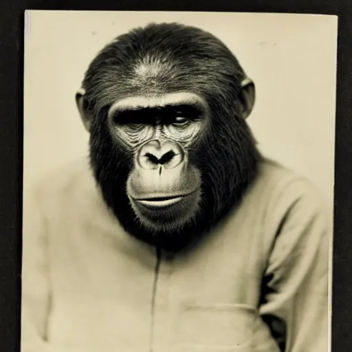 Prompt: 1930s mugshot of an ape holding a rifle, closeup portrait