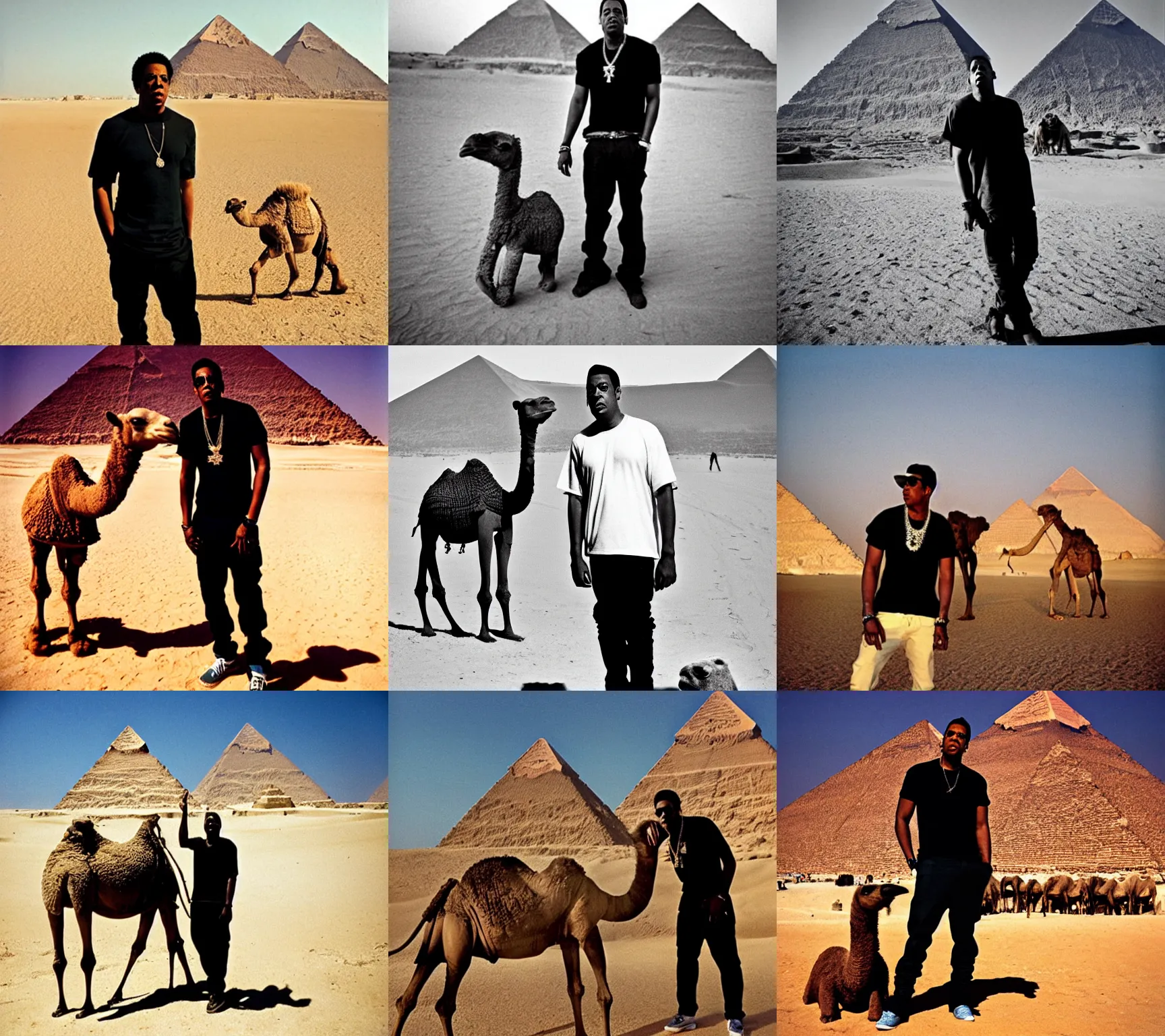 Prompt: jay - z shawn carter wearing a black t - shirt and skinny jeans, standing next to a camel, sand desert, pyramids in background, photography by helen levitt, good lighting, no blur