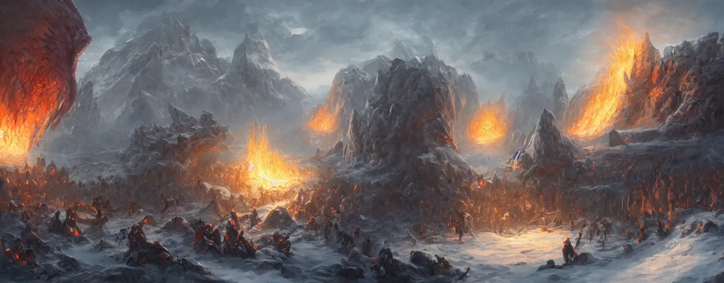 Prompt: Fantasy medieval battle of good and evil, ice and fire, trending on artstation, by Noah Bradley