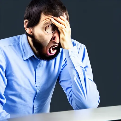 Image similar to a software developer is looking at his computer. he is alone. he is very mad because his colleague did a mistake and he has to fix it. he is very frustraged and screaming. steam is coming out of his hears. real photo