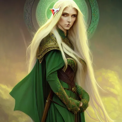 Image similar to Portrait of serious female elven priest, D&D, green eyes, face, long blonde hair, demon wings, fantasy, intricate, elegant, highly detailed, digital painting, artstation, concept art, smooth, sharp focus, illustration, art by artgerm and greg rutkowski and alphonse mucha