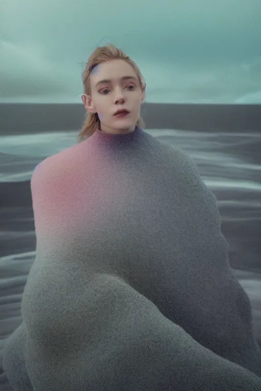 Image similar to high quality pastel coloured film close up wide angle photograph of a model wearing clothing resting on cloud furniture in a icelandic black rock!! environment in a partially haze filled dreamstate world. three point light, rainbow. photographic production. art directed. pastel colours. volumetric clouds. pastel gradient overlay. waves glitch artefacts. extreme facial clarity. 8 k. filmic.