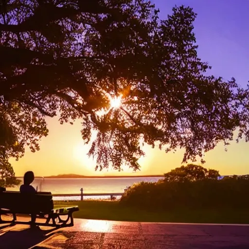 Prompt: a photo of a couple sitting on a park bench looking at a beautiful purple and yellow sunset over the ocean. The sky is green