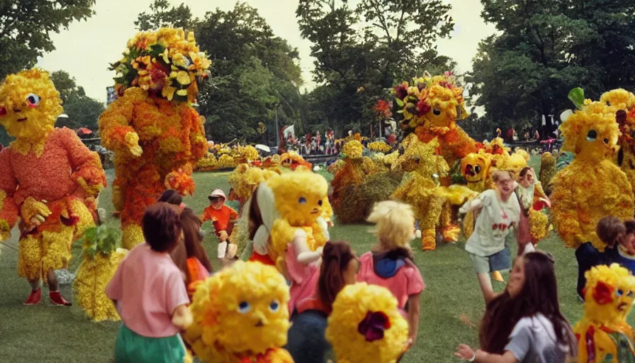 Image similar to 1990s candid photo of a beautiful day at the park, cinematic lighting, cinematic look, golden hour, large personified costumed flower people in the background, Enormous flower people mascots with friendly faces chasing kids, kids talking to flower people that are kinda scary, UHD
