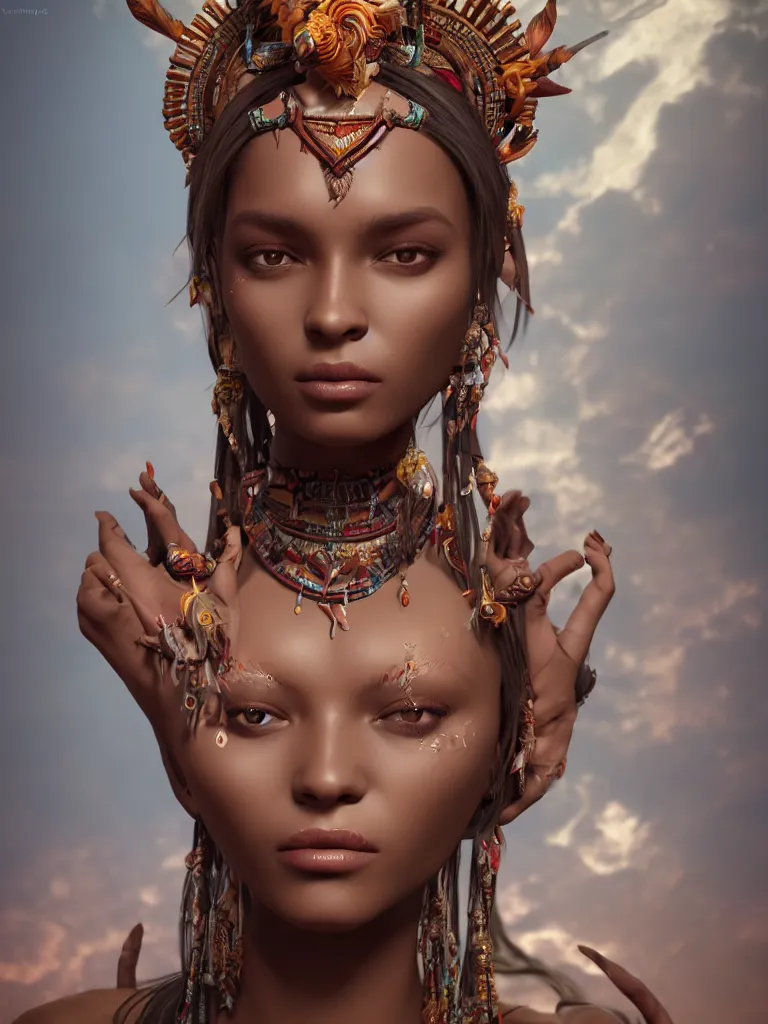 Image similar to a centered render of an alluring tribal goddess full body gorgeous face perfect face powerful, by anna dittmann 3 d trending on artstation, octane render, 8 k