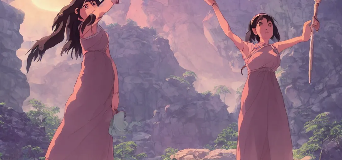 Image similar to Full body portrait of a Himalayan woman in a sleeveless dress, casting a spell on a giant crystal in a cave, detailed, artstation, by Kyoto Animation and Studio Ghibli, by Makoto Shinkai and Ilya Kuvshinov