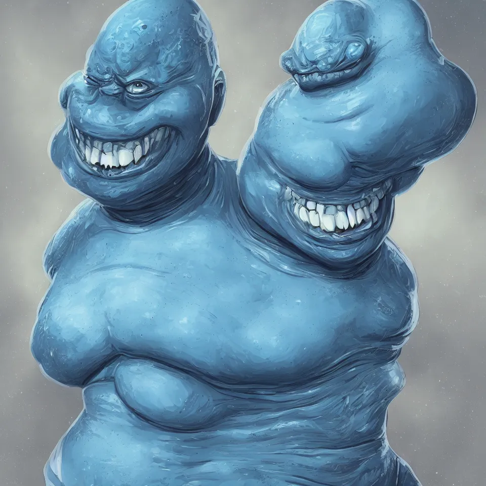 Image similar to portrait of a fat alien with blue skin. big smile. friendly alien. concept art. science fiction illustration. detailed face, beautiful colour palette. digital painting.