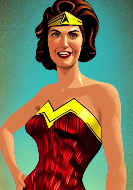 Prompt: digital art, close-up shot, kodachromatic studio portrait of Wonder Woman in her 20s, double split halter open thigh dress, smiling, looking at viewer,symmetry,face symmetry, in the style of 1950s pinups, illustration by Warren Louw, volumetric aqua and golden lighting gothic background,photorealistic, realistic, ultra detailed, unreal engine, octane render, 8k resolution