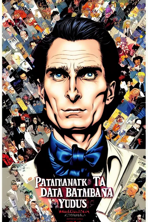 Prompt: poster of patrick bateman, by yoichi hatakenaka, masamune shirow, josan gonzales and dan mumford, ayami kojima, takato yamamoto, barclay shaw, karol bak, yukito kishiro