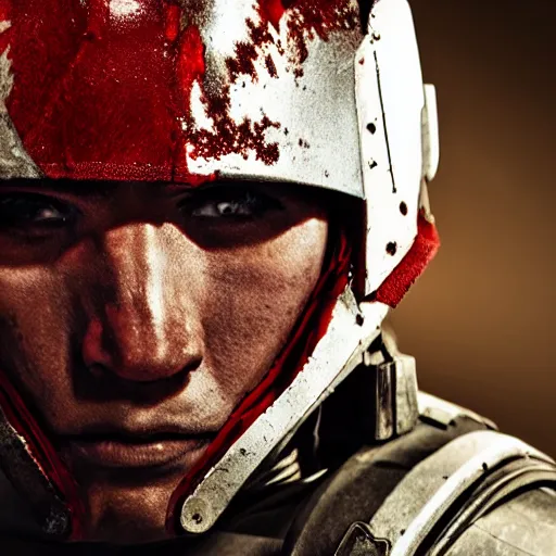 Image similar to a muscular soldier with vertical nose slits, angular eyebrows, wearing blood - spattered glossy sleek white dinged scuffed armor and a long torn red cape, heroic posture, battle - weary, strained expression, determined expression, no helmet, on the surface of mars, dramatic lighting, cinematic, sci - fi, hyperrealistic, detailed